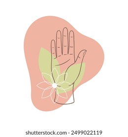 Womans hand is surrounded by leaves and flower, pink beauty design element, care and spa procedures, beauty and manicure salon, logo or icon.