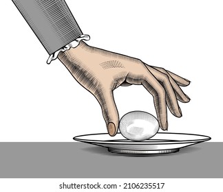 A woman's hand takes an egg from a plate. The theme of cuisine and food. Vintage stylized drawing. Vector illustration