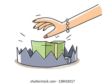 woman's hand taking a dollars stack on the bear trap. Finance risk concept. cartoon illustration isolated on white background