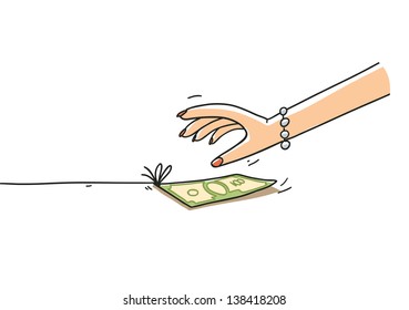 woman's hand taking a money bait. Cartoon illustration isolated on white background