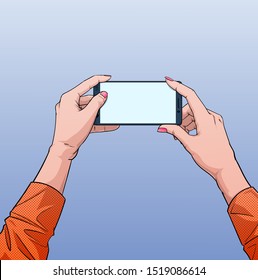 A woman's hand is taking a photo from a mobile phone Display touchscreen  Illustration vector On pop art comic style Blue background