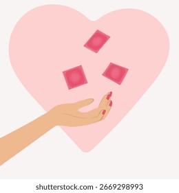 A woman's hand throws condoms into the air vector, in packages on a white background, heart shape, love, contraception, healthcare, safe sex