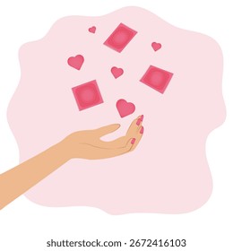A woman's hand throws condoms and pink hearts into the air, vector, condom packaging, on a white background, heart shape, love, contraception, healthcare, safe sex, health, romance