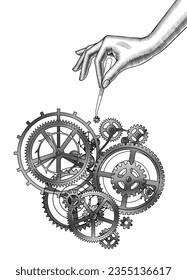 A woman's hand with tweezers inserts gears into a clockwork. Vintage stylized drawing of a mechanism. Vector illustration