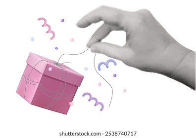 A woman's hand untie the rope. Delivering a box, receiving a gift, watching a surprise. Pink package in a festive wrapper with confetti. Preparing for celebration. The art of 
contemporary collage.