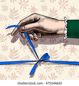 Woman's hand untying bow of blue ribbon on decorative plants seamless pattern background. Vintage colorful engraving stylized drawing. Vector illustration