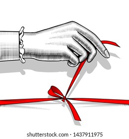 Woman's hand untying bow of red ribbon. Vintage engraving stylized drawing. Vector illustration