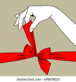 Woman's hand untying bow of red ribbon. Vintage stylized drawing. Vector illustration