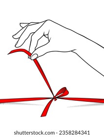 Woman's hand untying red ribbon bow of the gigt box. Vintage engraving stylized drawing. Vector illustration