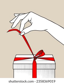 Woman's hand untying red ribbon bow of the gigt box. Vintage engraving stylized drawing. Vector illustration