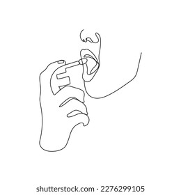 Womans hand using mouth spray for sore throat infection treatment or fresh breathing. Healthcare and medical concept. Hand drawn vector illustration.