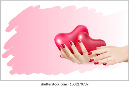 A Woman's Hand. Valentine's Day, February 14th.Vector Hands. Nails, fFingers, hands.Business card, sticker, picture, leaflet with the image of women's hand and heart.