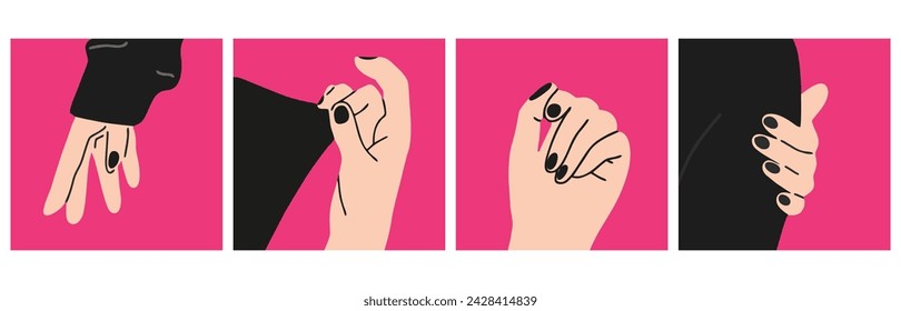 Woman's hand with well-groomed black manicure, modern design, poster set. Spa, nail treatment, beauty concept. Hand drawn modern vector illustration.