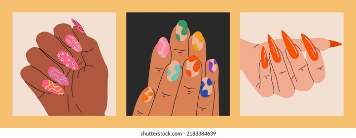 Woman's hand with well-groomed and bright colorful manicure, modern design, poster set. Spa, nail treatment, beauty concept. Hand drawn color modern vector illustration.