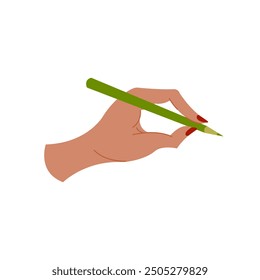 A woman's hand writes something with a pencil. Vector illustration.