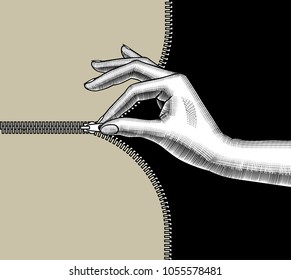 Woman's hand zipped up with pinch fingers the slide fastener. Vintage stylized drawing. Vector illustration