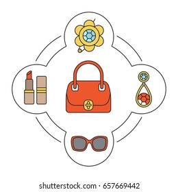 Woman's handbag contents color icons set. Brooch, earring, sunglasses, lipstick. Isolated vector illustrations