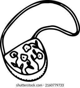 A woman's handbag with flowers over her shoulder. Hippie style. Vector black-and-white hand-drawn illustration. Isolated object on a white background.