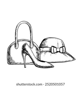 A woman's handbag, a hat, a high-heeled shoe. Black and white vector graphics made by hand. Illustration on a white background. For packages and labels, flyers, posters, banners.