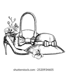 A woman's handbag, a hat, high-heeled shoes and orchid flowers. Black and white vector graphics made by hand. Illustration on a white background. For packages and labels, flyers, posters, banners.