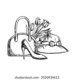 A woman's handbag, a hat, high-heeled shoes and tulips. Black and white vector graphics made by hand. Illustration on a white background. For packages and labels, flyers, posters, banners.