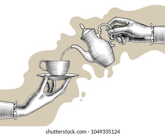 Woman's hands with a coffee pot and cup. Vintage stylized drawing. Vector illustration