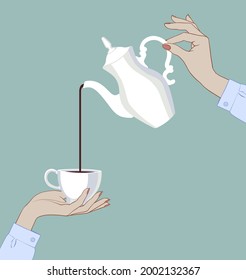 Woman's hands with a coffee pot and cup. Vintage stylized drawing. Vector illustration
