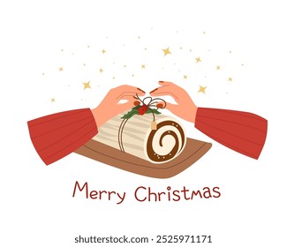 Woman's hands cooking and decorating home-baked Christmas cake vector cartoon illustration. Christmas festive food, cakes, bakery, cute winter holiday pie. Holiday dessert hand drawn card, poster. 