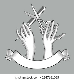 Woman's hands with crossed comb and scissors above the retro ribbon banner. Symbol and logo design of barber shop or hairdressing salon. Vintage color 
engraving stylized drawing. Vector illustration