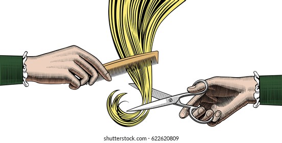 Woman's hands cutting and combing hair. Vintage color engraving stylized drawing. Vector illustration