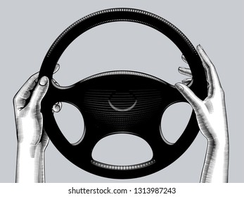 Woman's hands driving with steering wheel. Vintage stylized drawing. Vector illustration