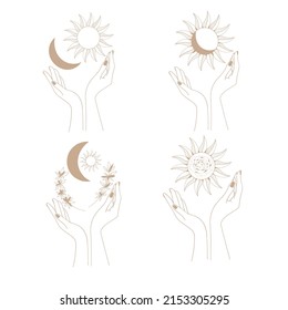 Woman's hands with flowers and moon. Flowers. Mystic picture. Sun.