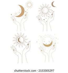 Woman's hands with flowers and moon. Flowers. Mystic picture. Sun.