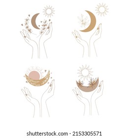 Woman's hands with flowers and moon. Flowers. Mystic picture. Sun.