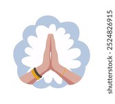 Woman's hands folded in namaste. Sticker, yoga concept, prayers. Vector illustration on white background