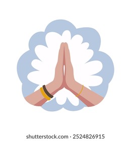 Manos de mujer dobladas en namaste. Pegatina, concepto de yoga, oraciones. Ilustración vectorial sobre fondo blanco