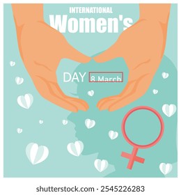The woman's hands form a heart symbol. Heart-shaped paper-cut background. Women's History Month 2025 concept. Flat vector illustration.
