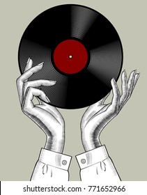 Woman's hands with a gramophone record. Retro music concept. Vintage stylized drawing. Vector Illustration