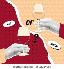 Manos de mujer con efecto de medio tono sostiene una copa de vino. Vino tinto o blanco. Póster punteado en estilo retro collage. Elementos de periódicos de Vector contemporáneo 