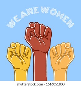 Woman's hands with her fist raised up. Girl Power. Feminism Concept on blue background isolated. Stock Vector Illustration.