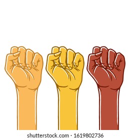 Woman's hands with her fist raised up. Girl Power. Feminism Concept on white background isolated. Stock Vector Illustration.