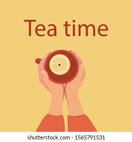 Womans hands hold a cup of tea whith lemon. Flat cartoon style vector illustration. 
