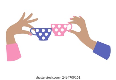 A woman's hands hold cups of coffee. Coffee theme. Minimalist style image. Drawing in flat style. Vector illustration
