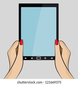 Womans hands holding a 3d generic tablet PC