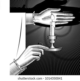 Woman's hands holding a candlestick with burning candle on black. Vintage engraving stylized drawing. Vector illustration