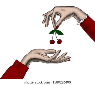 Woman's hands with an holding cherries. Retro design element. Vintage engraving stylized drawing. Vector illustration