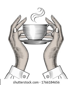 Manos de mujer sosteniendo una taza de café. Café matutino favorito. El concepto de café. Dibujo estilizado de época. Ilustración del vector