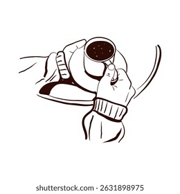 A woman's hands are holding a cup of coffee. An element for the menu design of a cafe or restaurant. A hand-drawn vector illustration. Isolated.