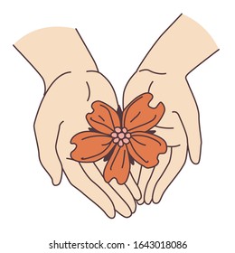 Woman's hands holding flower. Vector illustration doodle icons in thin line art sketch style