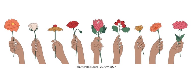 Woman's hands are holding flowers or bunches of blooming flowers.  
Bundle of floral decorative hand-drawn design elements isolated on white background. Set of elegant summer gifts.